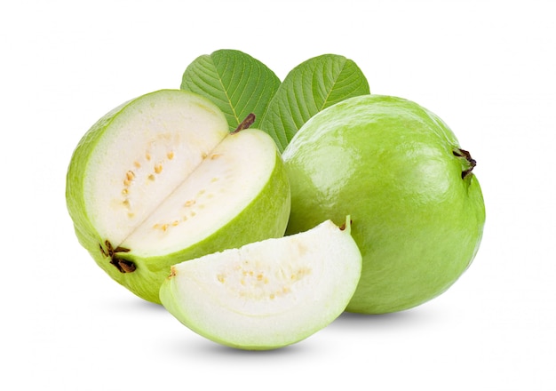 Guava fruit with leaf isolated on white