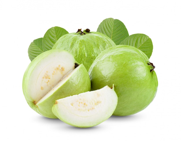 Guava fruit with leaves on white table