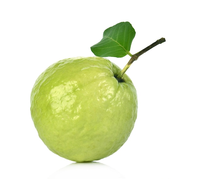 Guava and green leaf on white background