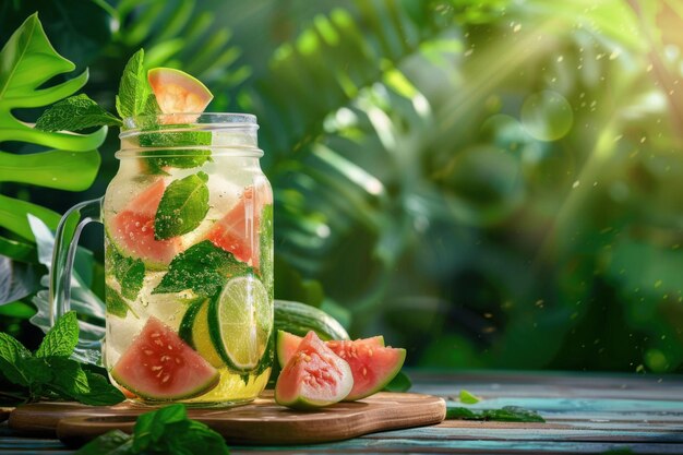 Photo guava mojito with guava slices and mint served in a mason jar tropical garden background