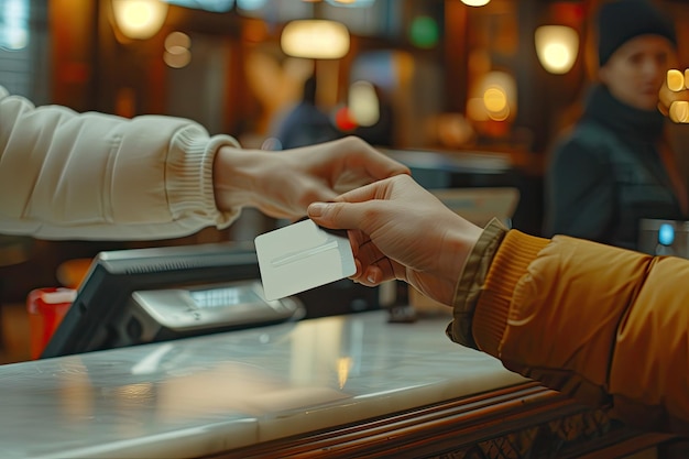 Guest takes room key card at checkin desk of hotel close up