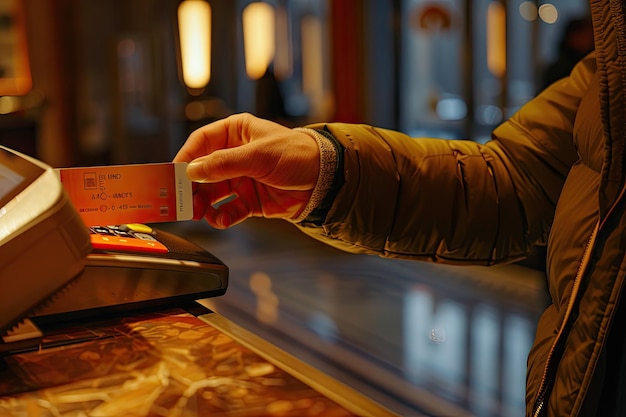 Guest takes room key card at checkin desk of hotel close up