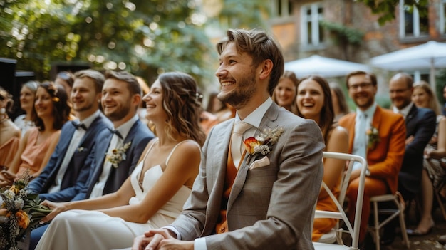 Photo guests are seated in a lovely garden joyfully observing the wedding ceremony sharing smiles and laughter as they celebrate love