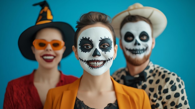 Guests at a Halloween party posing with creepy props