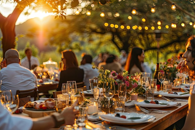 Guests Mingle at Outdoor Wedding Reception with Rustic Tables