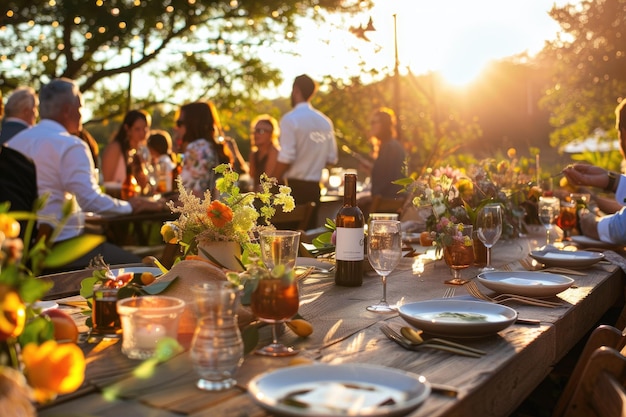 Guests Mingle at Outdoor Wedding Reception with Rustic Tables