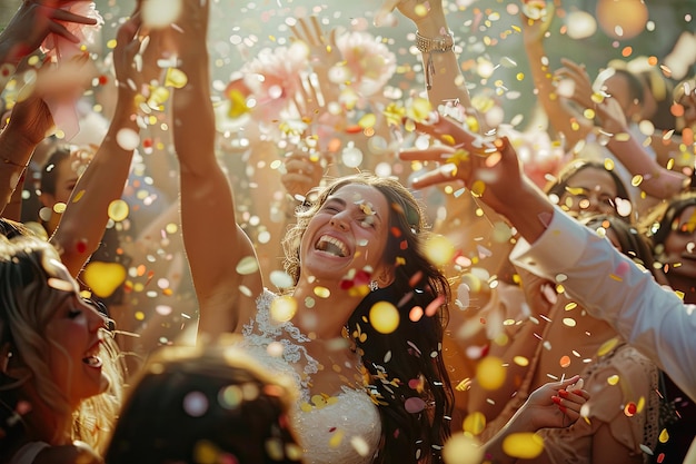 Guests Throwing Confetti Over Bride And Groom At Wedding