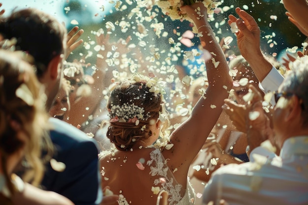 Guests Throwing Confetti Over Bride And Groom