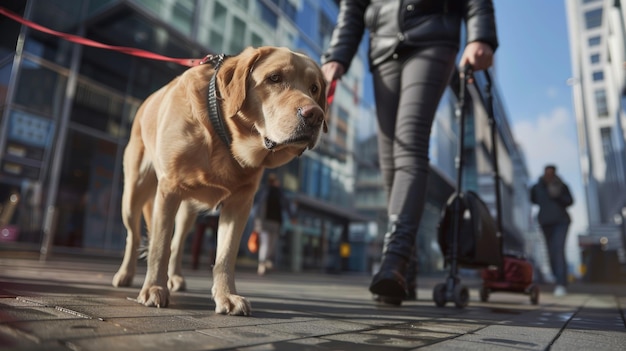 Photo guide dog assisting blind person in busy urban cityscape for safety and confidence