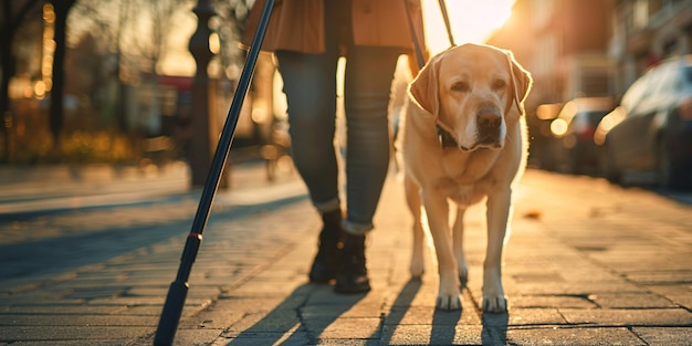 Photo guide dog and his blind owner with cane