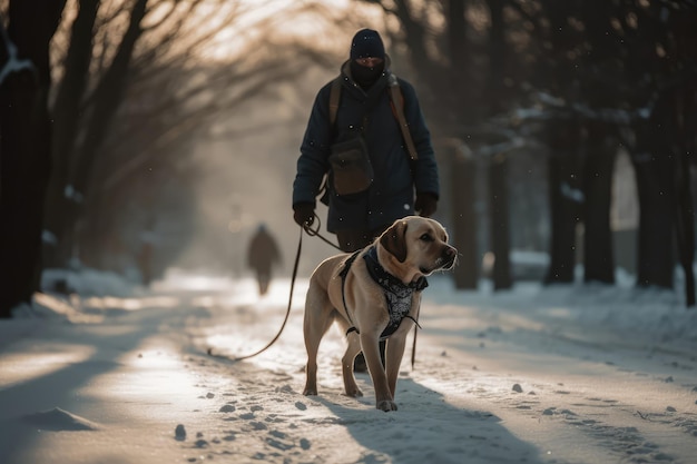 Guide Dog And Its Handler Walking Confidently Through Snowy Park Generative AI