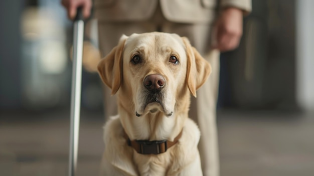 Photo a guide dog sits attentively at the feet of its owner