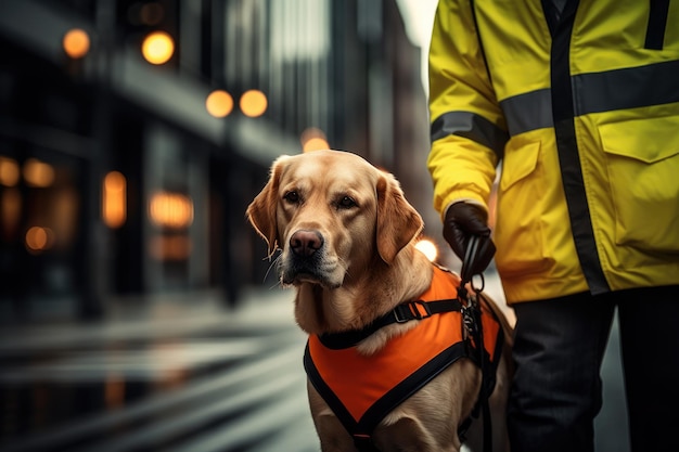 The guide dog with a calm and focused demeanor leads the blind person confidently providing