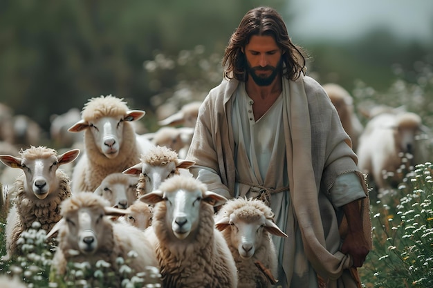 The Guiding Shepherd Amidst His Flock Concept Religious Art Biblical Imagery Spiritual Allegory Christian Iconography