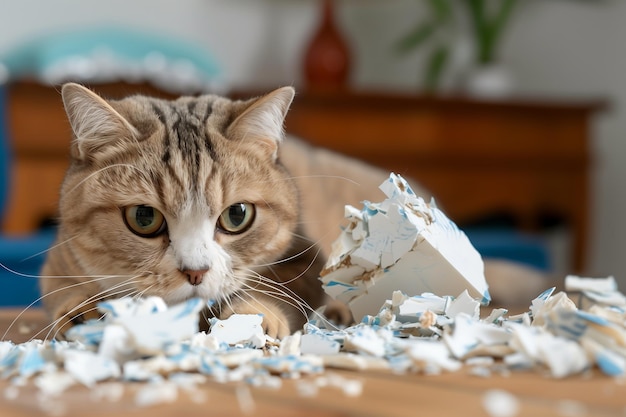 Photo guiltylooking cat knocking over a vase creating a playful mess at home