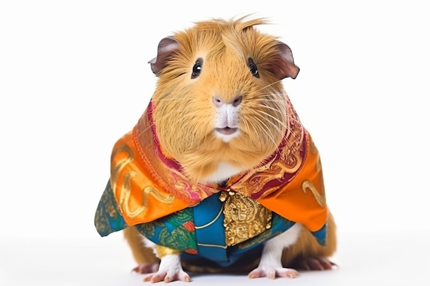 a guinea in a colorful scarf and tie