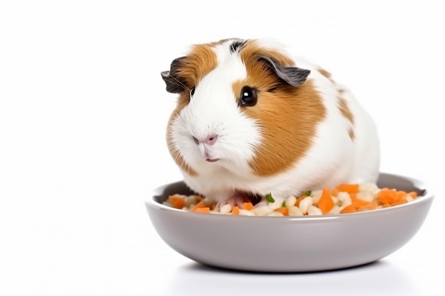 a guinea eating out of a bowl of food