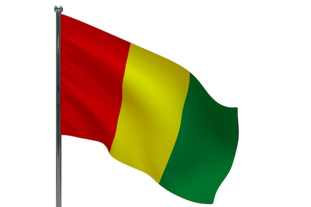 Guinea flag on pole. Metal flagpole. National flag of Guinea 3D illustration on white