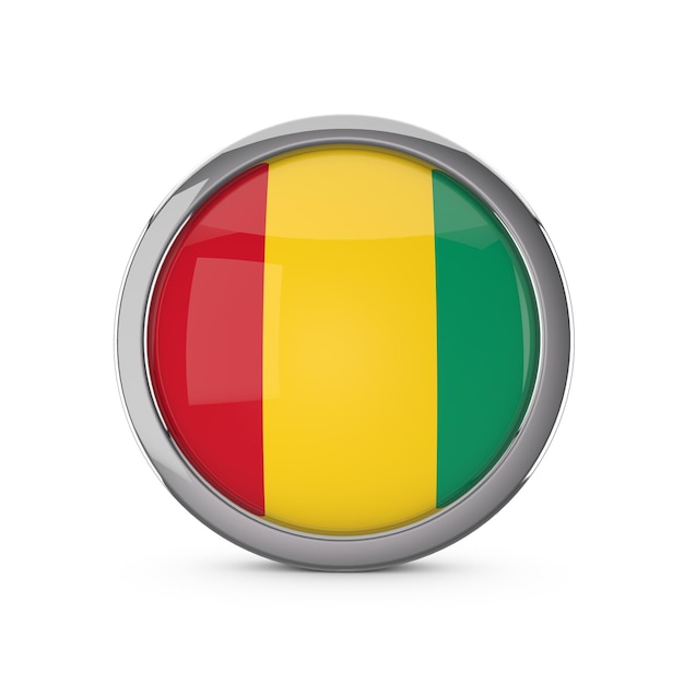 Guinea national flag in a glossy circle shape with chrome frame 3D Rendering