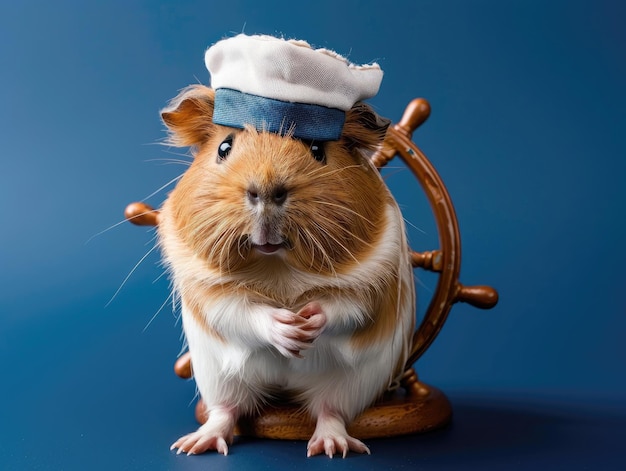 a guinea pig dressed as a sailor wearing a sailor hat and holding a ships wheel isolated