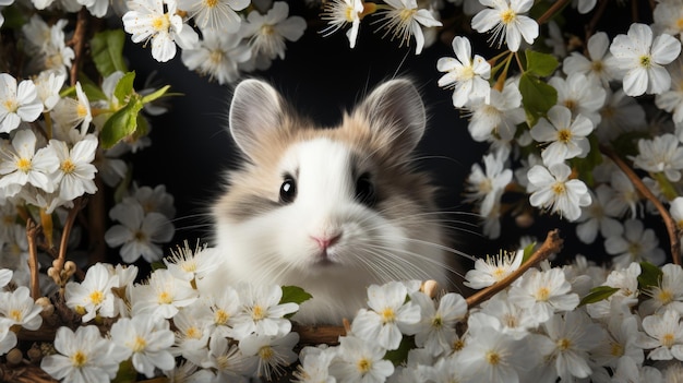 Guinea pig portrait front view among the branches of spring flowering trees on a dark background