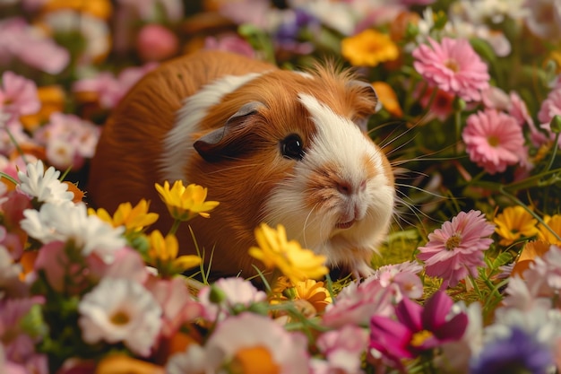 A guinea pig resting among colorful flowers in a warm light setting captivating minimalist photography of a serene moment in nature