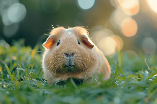 Guinea pig resting on green grass in a serene softly blurred outdoor setting with warm background lighting