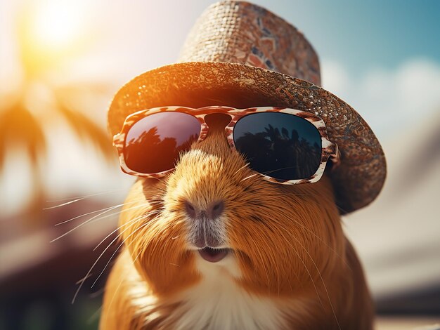 Photo guinea pig showcases vintage fashion with sunglasses and hat oozing style