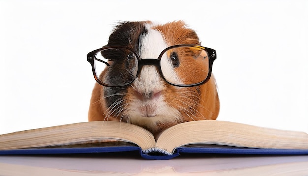 Photo a guinea pig wearing glasses and a book with a book titled quot guinea pig quot