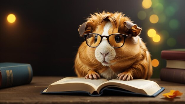 Photo a guinea pig wearing glasses reading a book with a book titled guinea pig