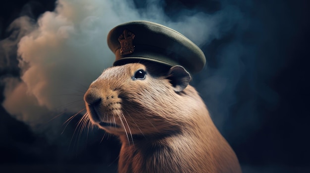 A guinea pig wearing a military cap.