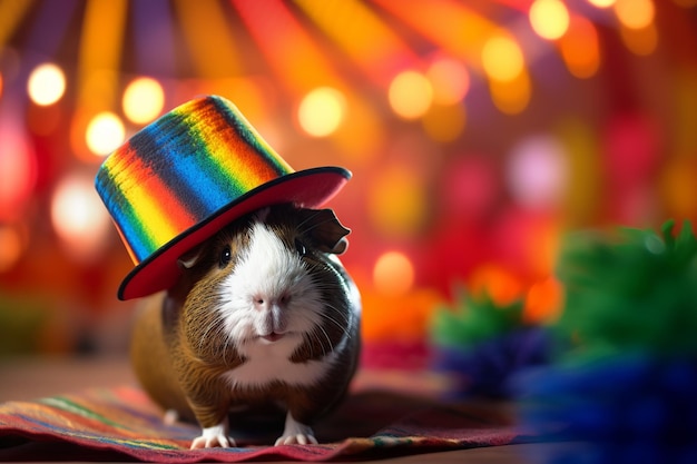 A guinea pig wearing a rainbow hat sits on a colorful cloth.