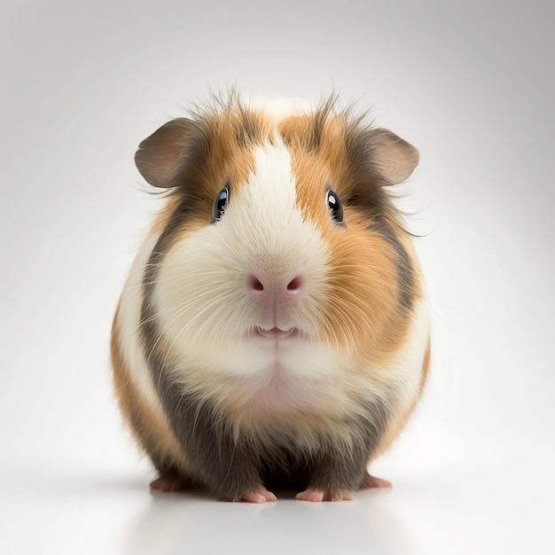 A guinea pig with a pink nose sits on a white background.