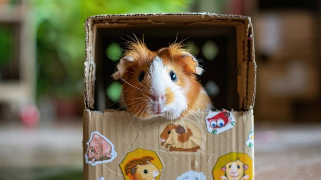 Photo guinea pig with unique brown and white fur peeks out from decorated cardboard box