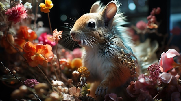 guinea pigs lay in heaps of flowers day to dusk with light filtering through the forest with Centura