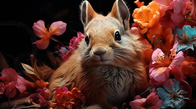 guinea pigs lay in heaps of flowers day to dusk with light filtering through the forest with Centura