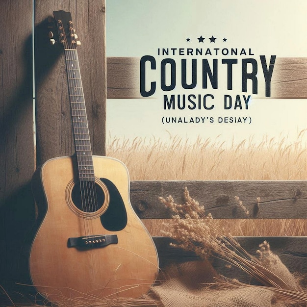 Photo a guitar by a fence with a blue background with a country music