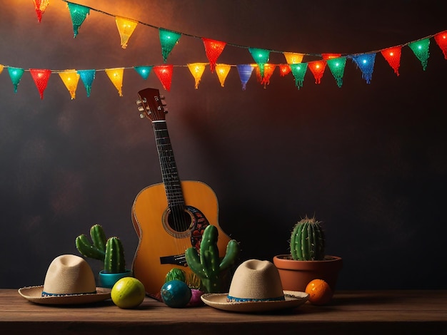 a guitar and cactus are on a table with a string of flags