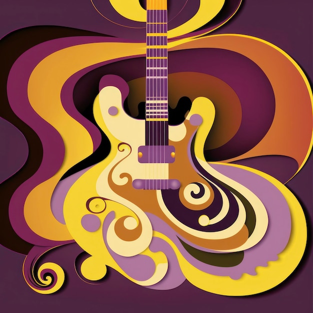 A guitar in colorful designs in the style of dark purple and light yellow