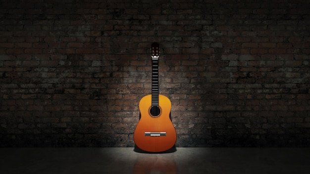 A guitar in a dark room with a light on it