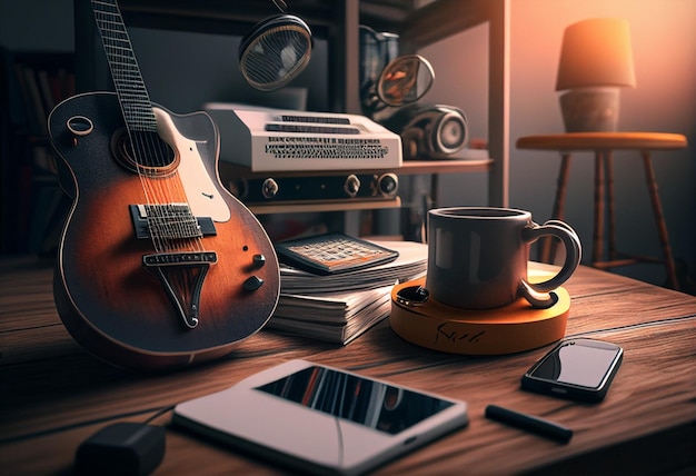 A guitar on a desk with a cup of coffee and a phone