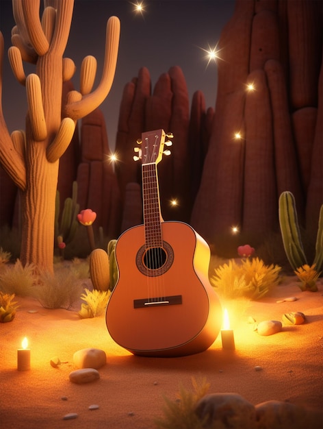 Guitar in dessert background with lights and cactus