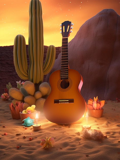 Guitar in dessert background with lights and cactus