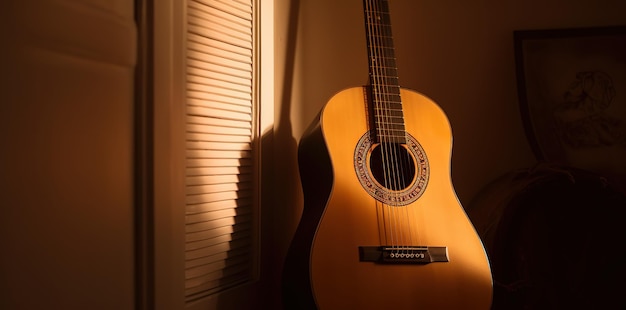 A guitar in front of a window with the sun shining through it.