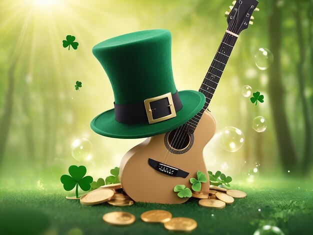 Photo a guitar and a guitar with a green hat and a bunch of gold coins