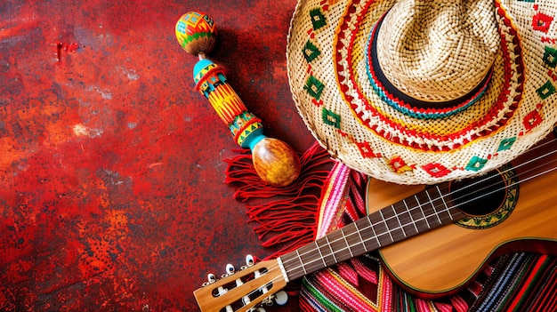 a guitar and hat are sitting on a table with a hat on it