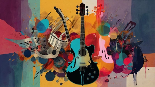 Photo a guitar is on a colorful wall with a colorful background