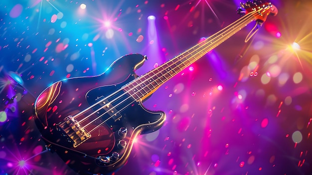 a guitar is on display with a colorful background