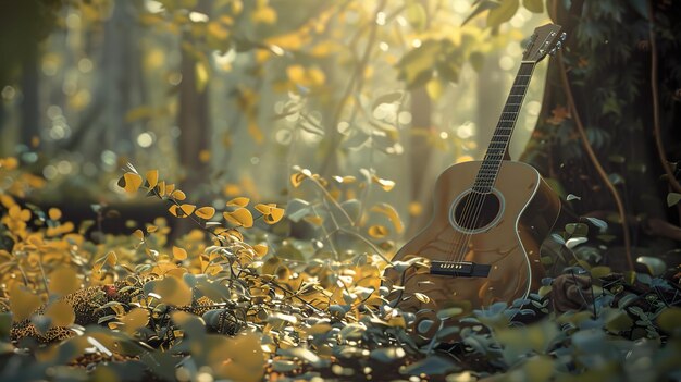 Photo a guitar is in the grass with flowers in the background