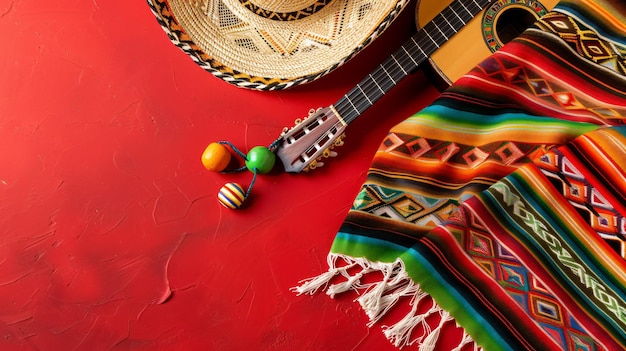 a guitar is laying on a red tablecloth with a colorful hat on it